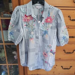 Johnny Was Striped Floral Embroidered Top Jordan Lisban Xs